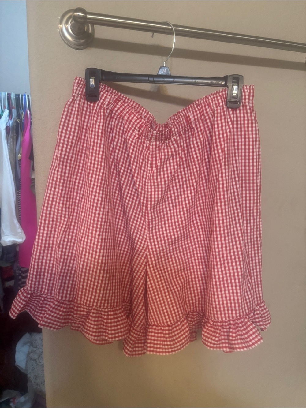 Red Gingham Ruffle Mini Skirt with Elastic Waist